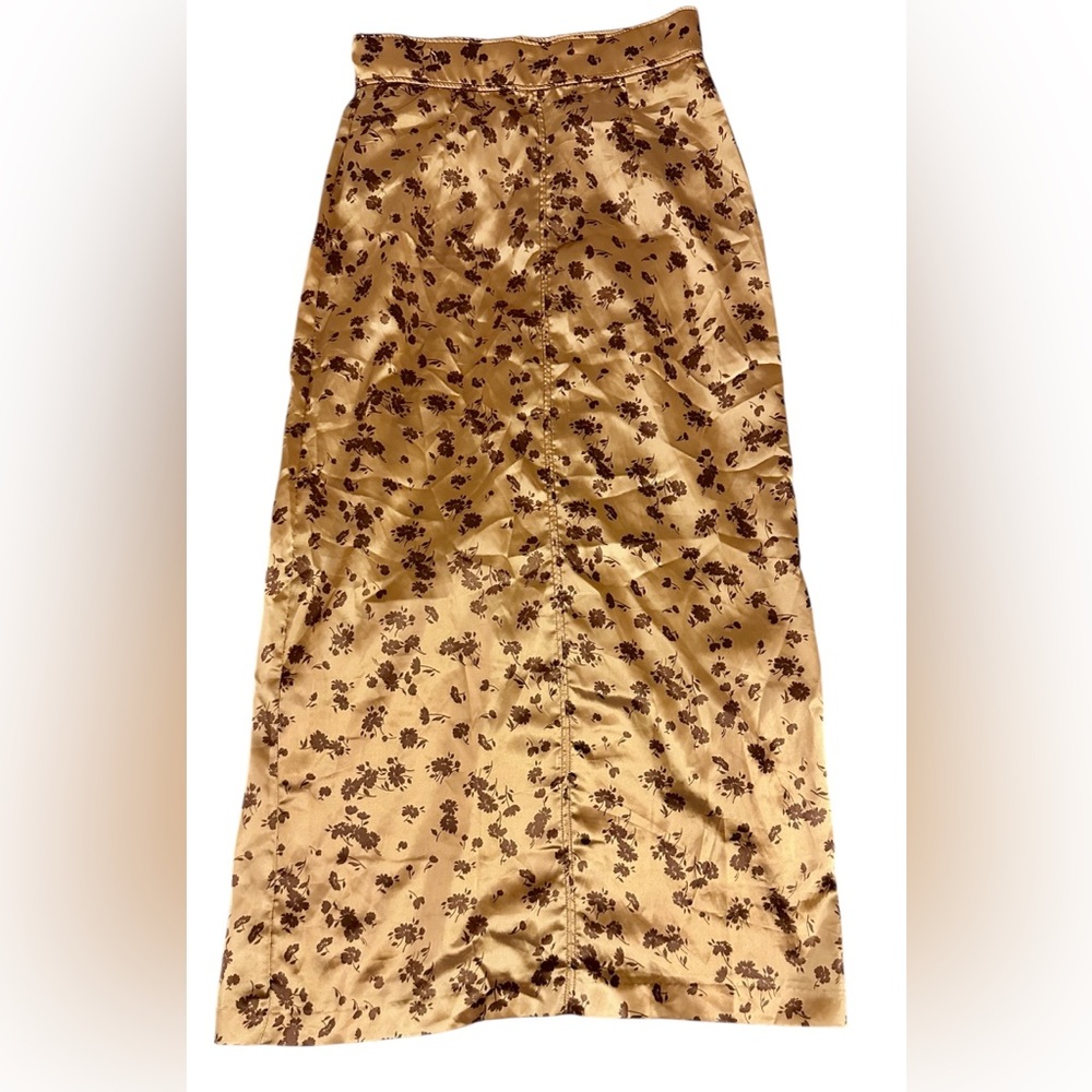 Zara floral print satin midi pencil skirt in rose gold & brown - Size XS NWOT